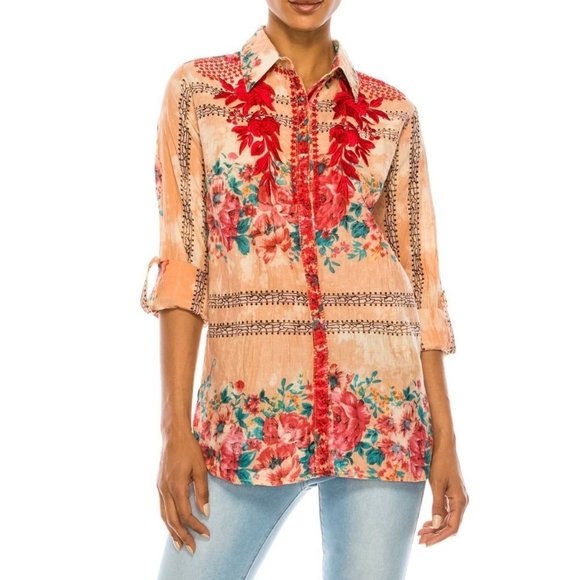 Vintage Goa Tops - Vintage Goa Embroidered Floral Print Button Front Roll Tab Sleeve Shirt Size XL